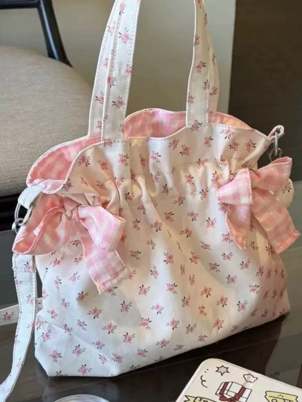 Pink Floral Tote with Gingham Bow Accents